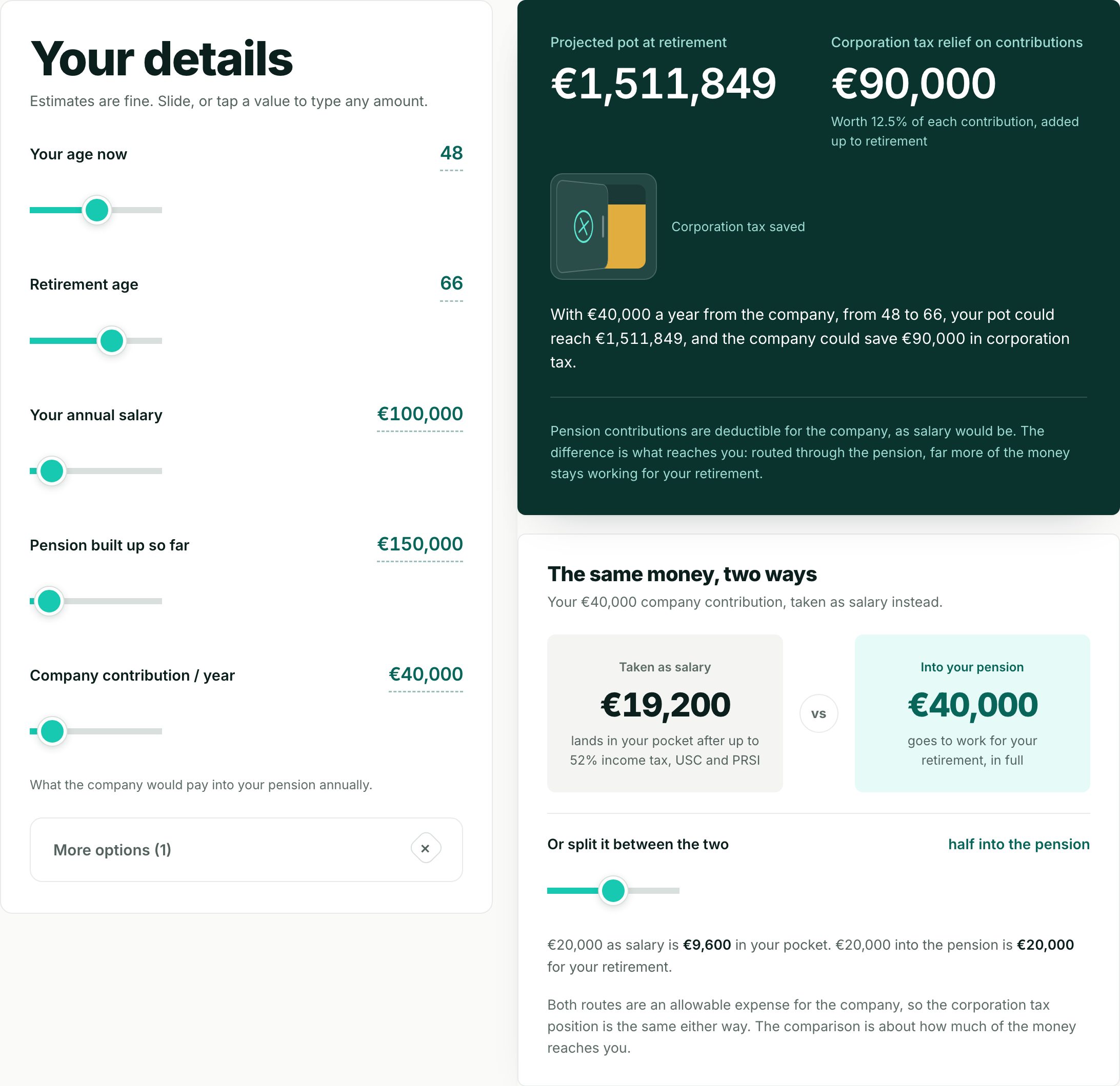 The director calculator: sliders for age, retirement age, salary, pot and company contribution, with projected pot, corporation tax relief, and salary compared against pension.